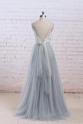 Gray A-line lace tulle long prom dress, gray tulle bridesmaid dress