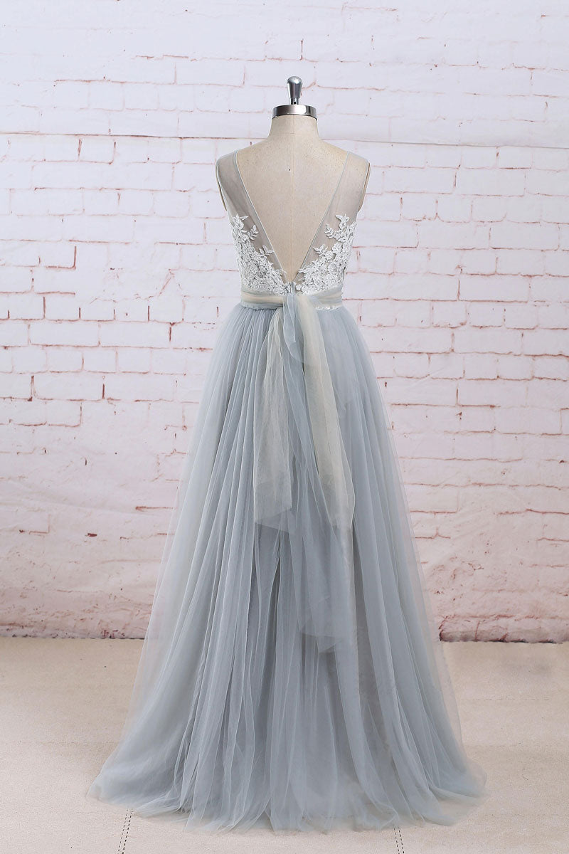 Gray A-line lace tulle long prom dress, gray tulle bridesmaid dress
