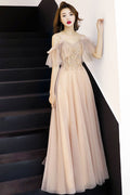 Champagne sweetheart tulle lace long prom dress champagne lace formal dress