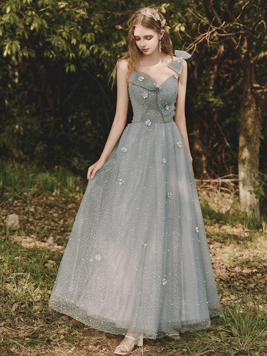 Gray tulle sequin tea length prom dress, gray evening dress