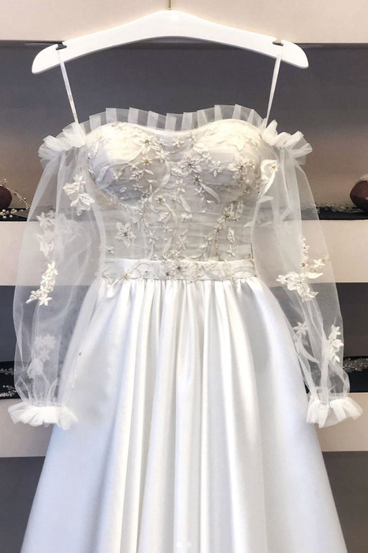 White lace satin long prom dress lace satin evening dress