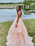 Pink v neck tulle long prom dress, pink tulle formal dress