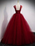 Simple burgundy tulle sequin long prom dress, burgundy evening dress