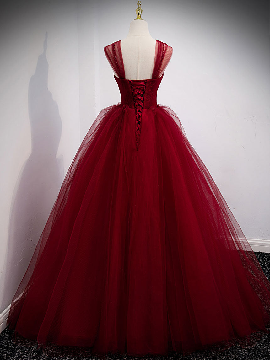 Simple burgundy tulle sequin long prom dress, burgundy evening dress