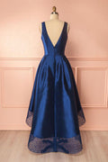 Dark blue v neck high low prom dress, dark blue bridesmaid dress