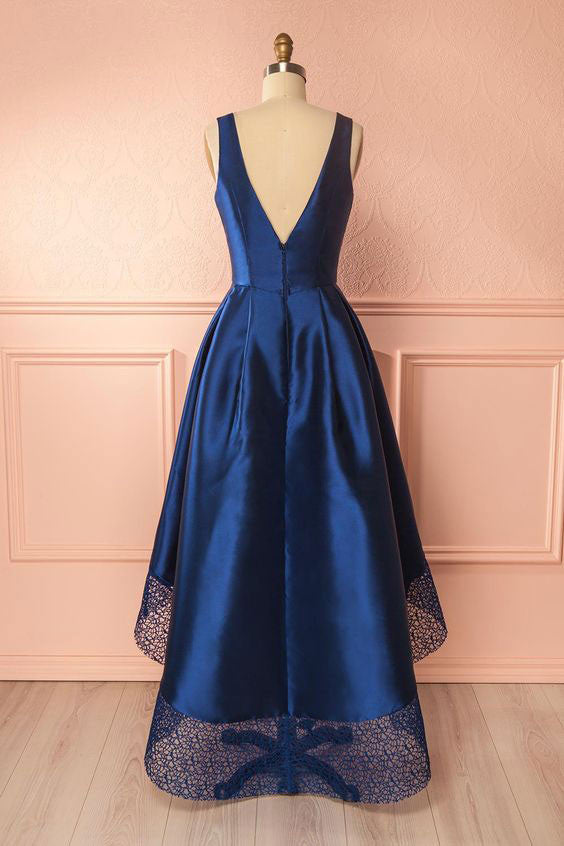 Dark blue v neck high low prom dress, dark blue bridesmaid dress