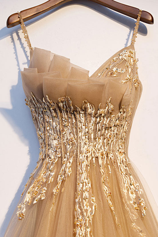 Champagne tulle lace long prom dress tulle lace formal dress