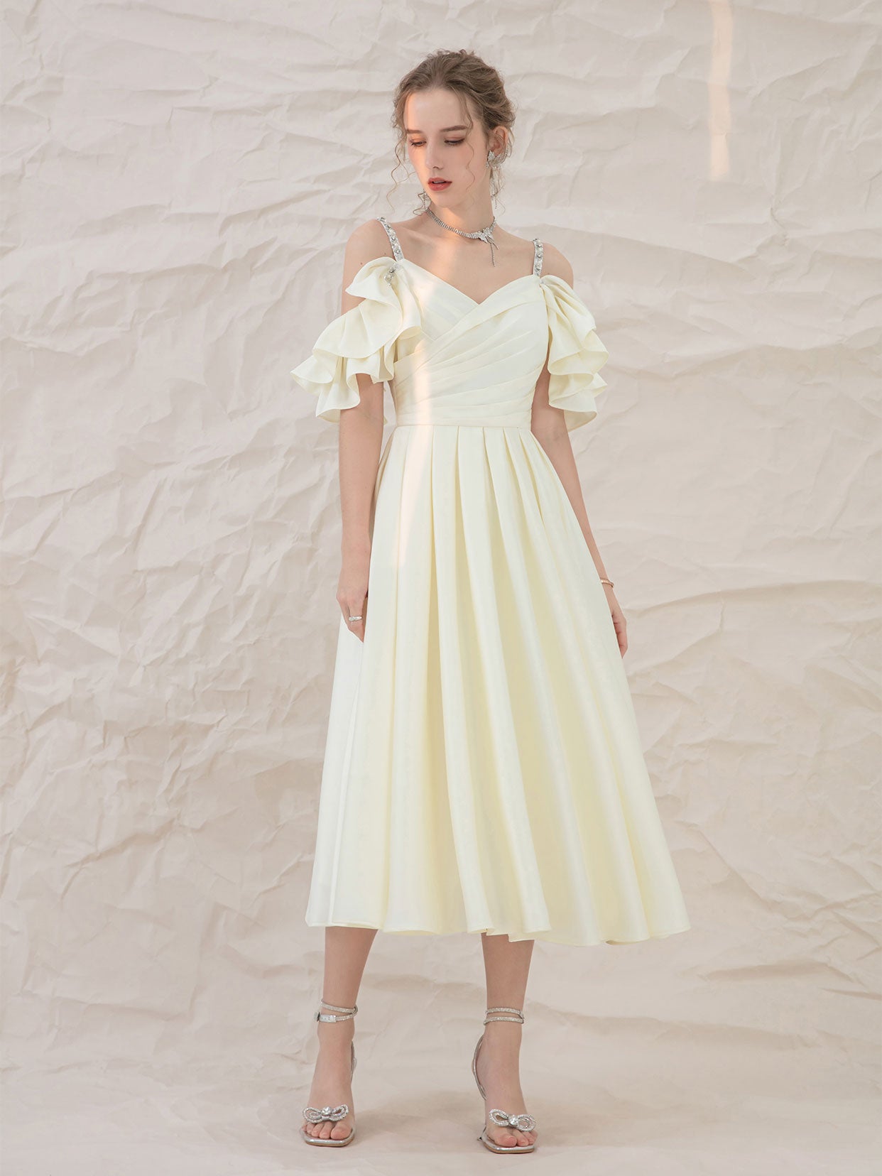 Light yellow satin short prom dress, yellow bridesmaid dress