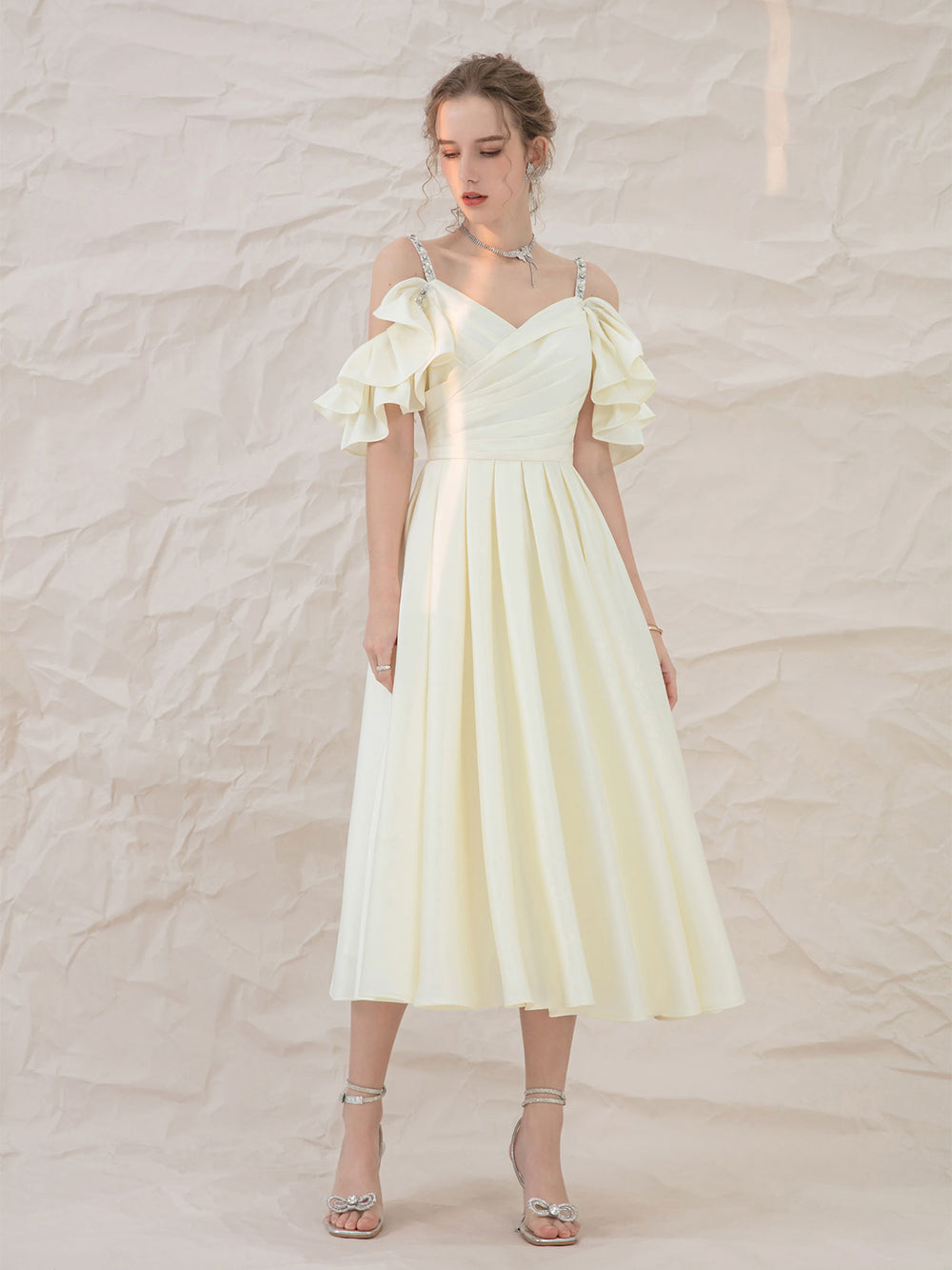 Light yellow satin short prom dress, yellow bridesmaid dress