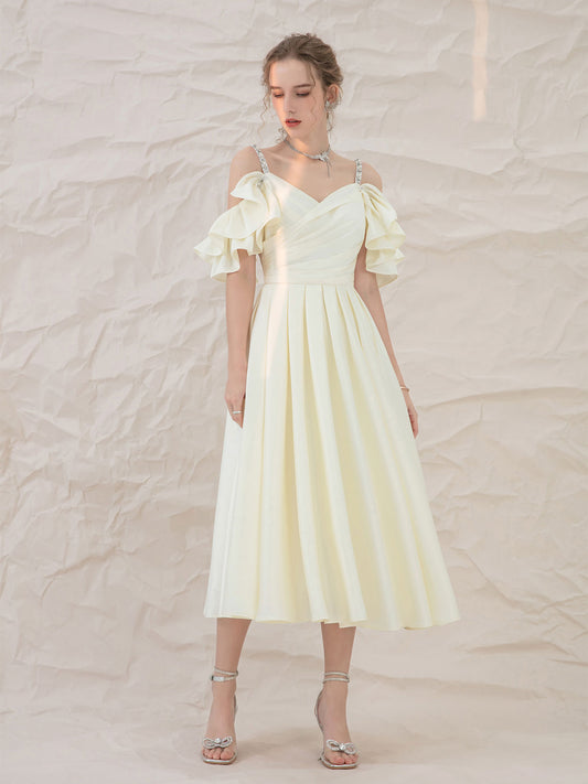 Light yellow satin short prom dress, yellow bridesmaid dress