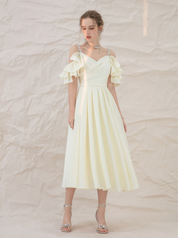 Light yellow satin short prom dress, yellow bridesmaid dress