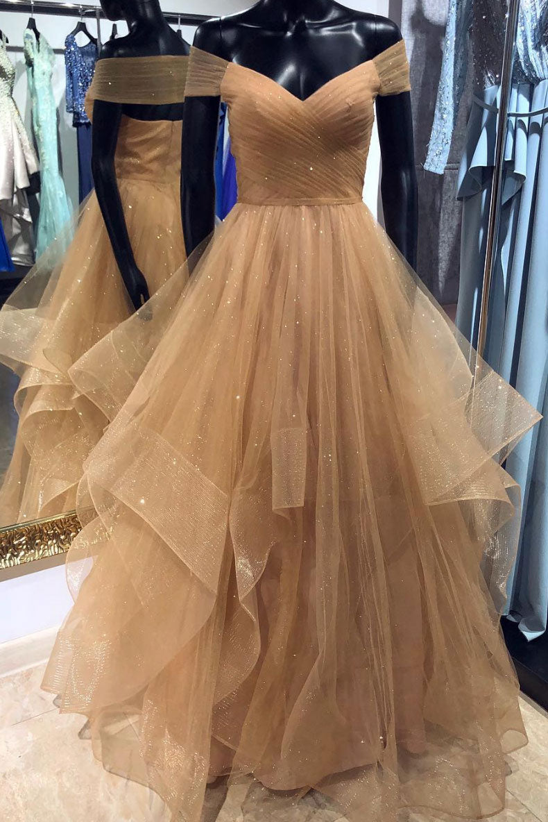 Champagne sweetheart tulle long prom dress, champagne evening dress