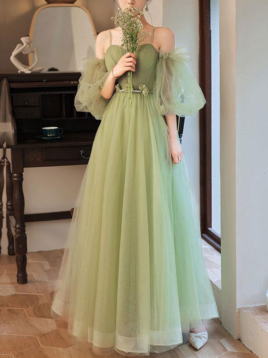 Simple green tulle A line long prom dress, green evening dress