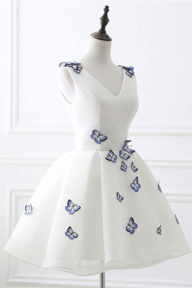 Cute white v neck short prom dress. white homecoming dress