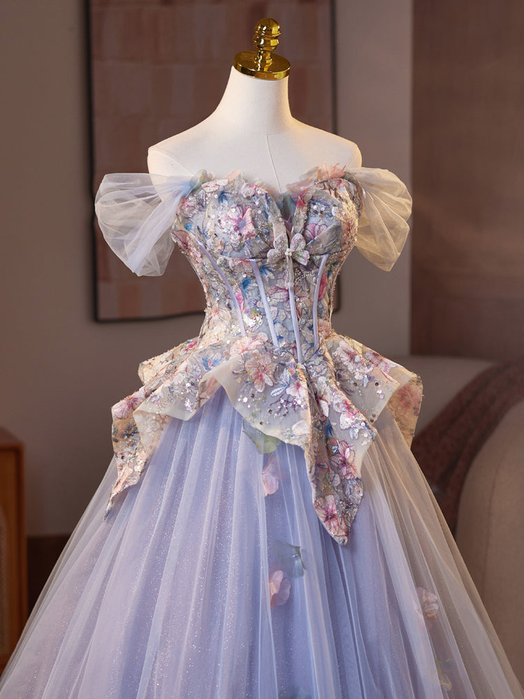 A-Line Off Shoulder Tulle Lace Purple Long Prom Dress, Purple Long Formal Dress