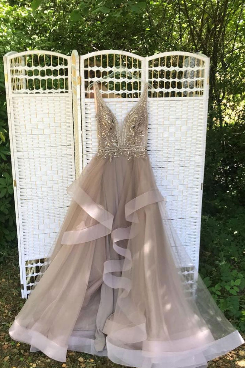 Champagne v neck beads tulle long prom dress, evening dress
