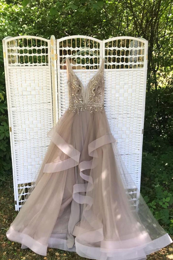 Champagne v neck beads tulle long prom dress, evening dress