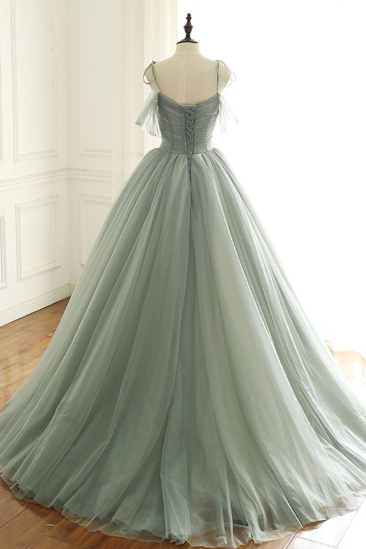 Light green tulle long prom dress, green evening dress