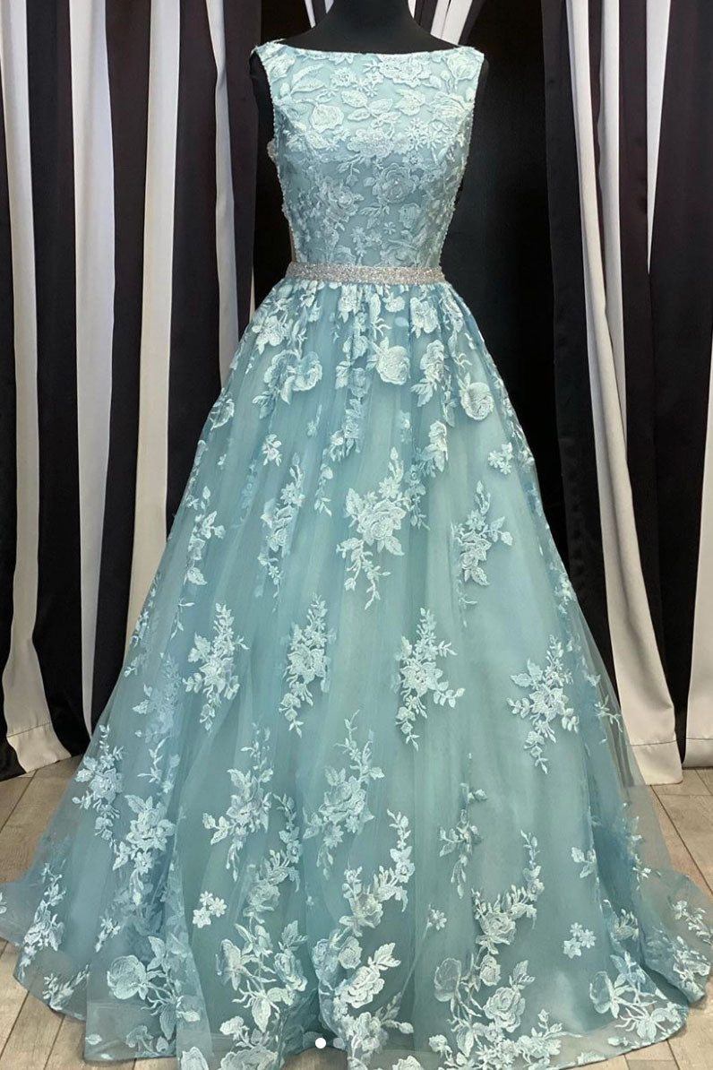 Green round neck tulle lace long prom dress green evening dress