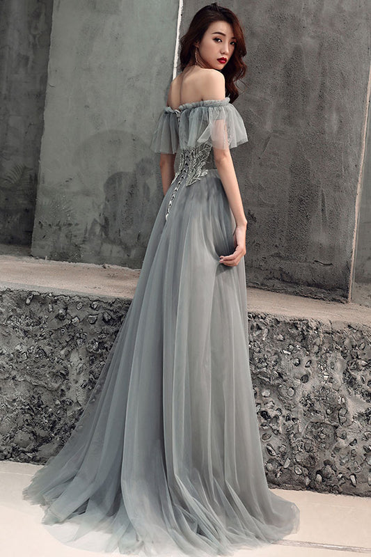 Gray tulle lace long prom dress, gray lace evening dress