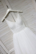 White v neck tulle lace tea  Length prom dress, white bridesmaid dress