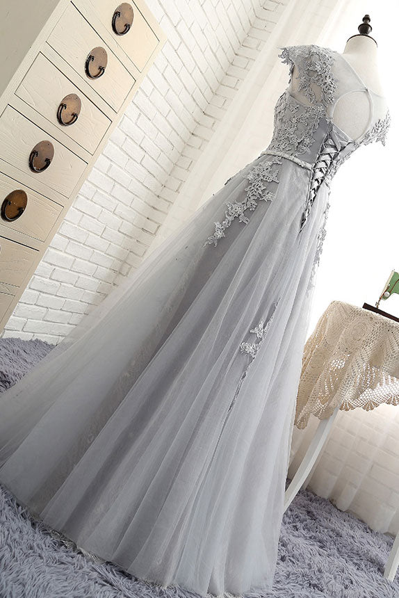Gray round neck lace applique long prom dress, gray evening dress