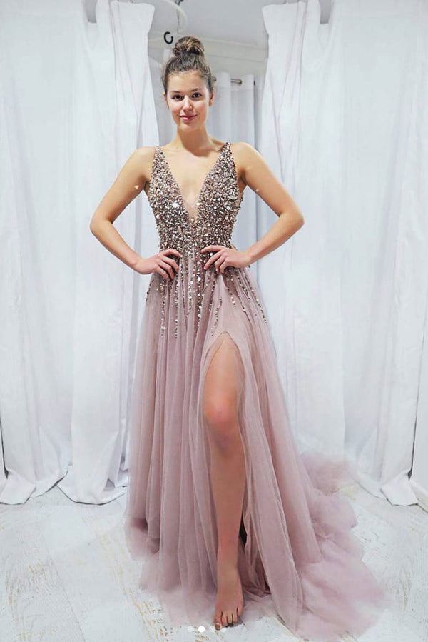 Pink v neck sequin beads long prom dress, pink evening dress