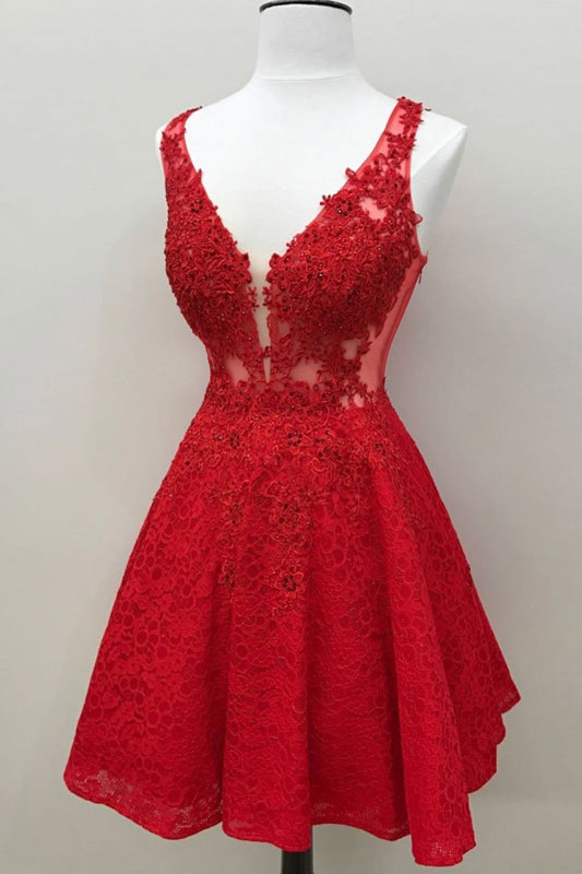 Red v neck lace short prom dress, red homecoming dress