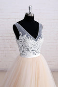 Champagne v neck lace tulle long prom dress, champagne wedding dress