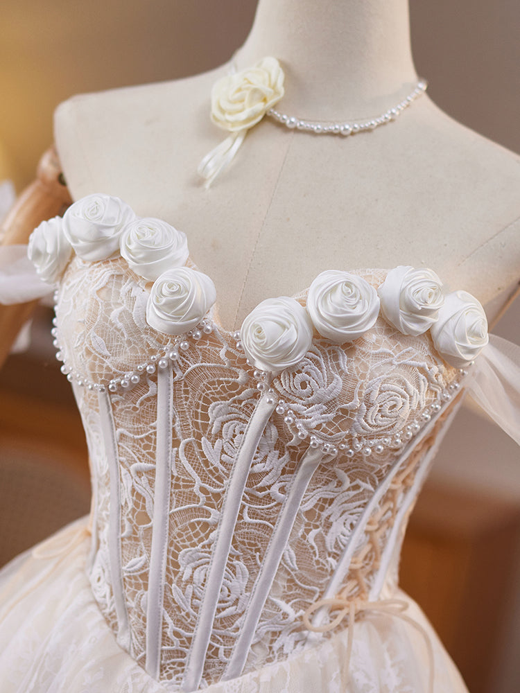 A-Line Off Shoulder Tulle Lace Light Champagne Short Prom Dress, Light Champagne Homecoming Dress