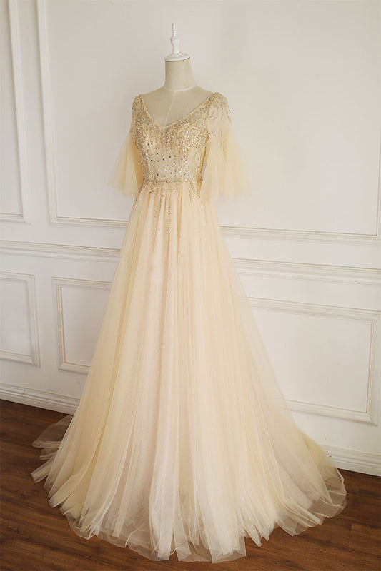 Champagne v neck tulle sequin long prom dress, champagne evening dress