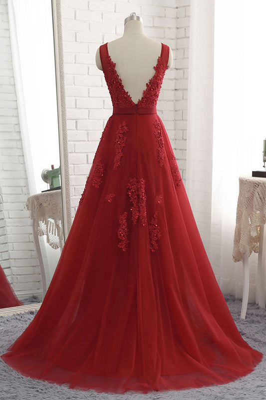 Burgundy v neck tulle lace applique long prom dress, burgundy bridesmaid dress