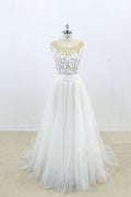 White round neck lace tulle long prom dress, white lace wedding dress