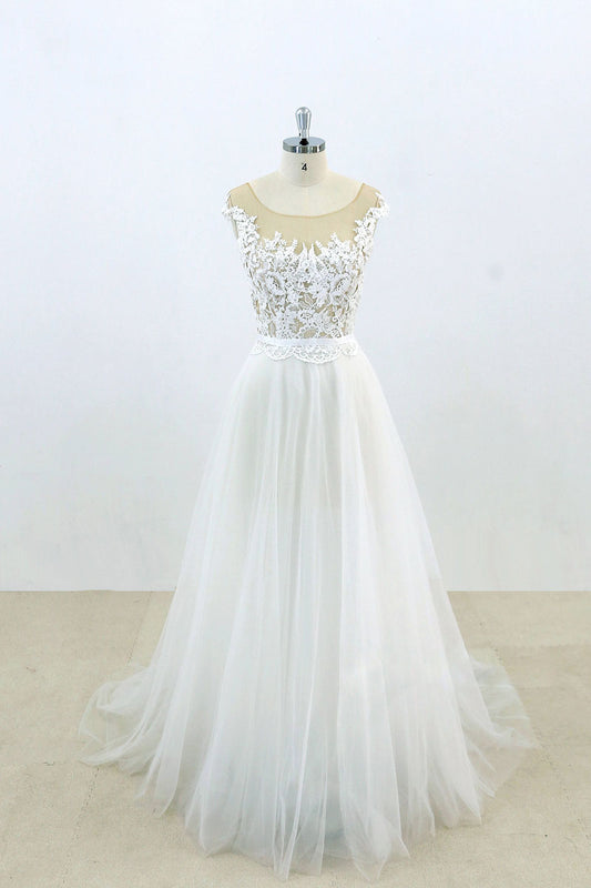 White round neck lace tulle long prom dress, white lace wedding dress