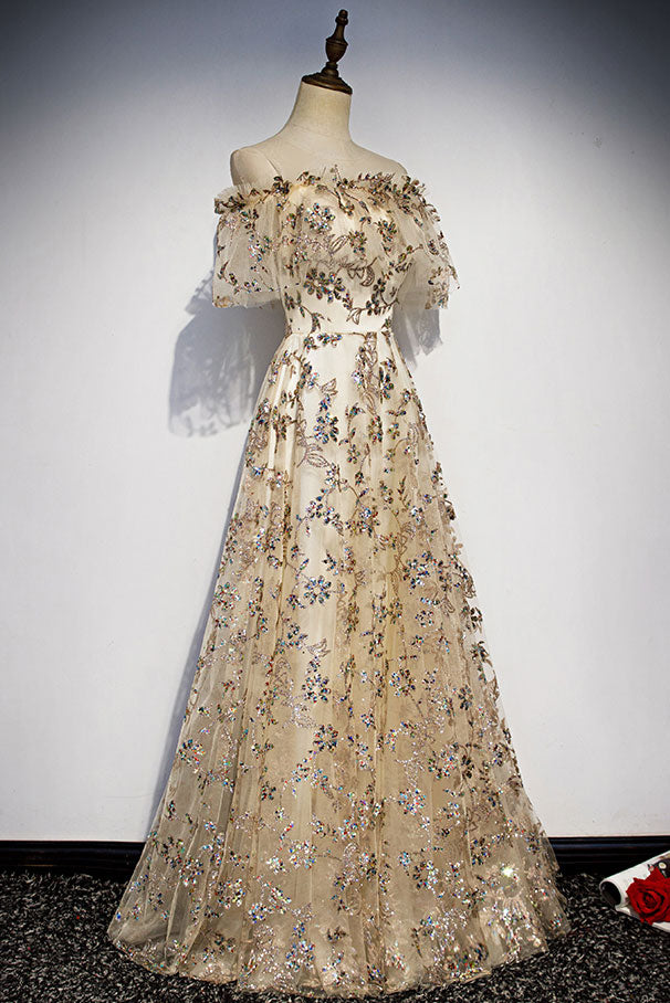 Champagne tulle lace long prom dress, champagne evening dress