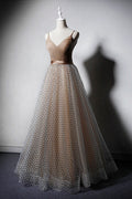 Champagne v neck tulle long prom dress, champagne tulle evening dress