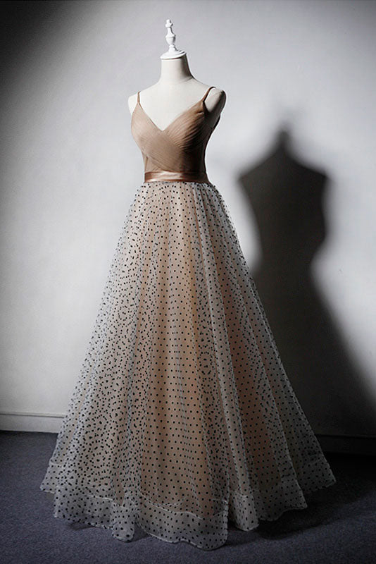 Champagne v neck tulle long prom dress, champagne tulle evening dress