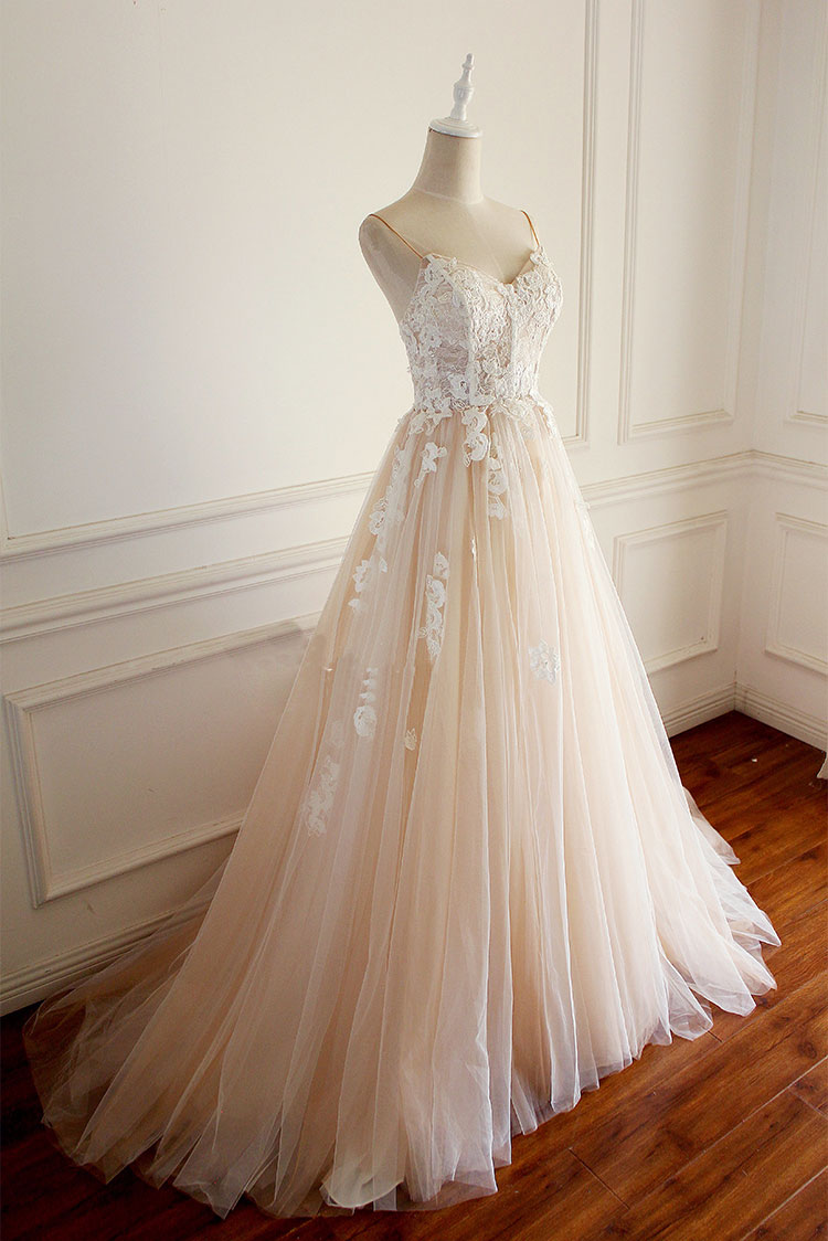 Champagne tulle lace applique long prom dress, champagne evening dress