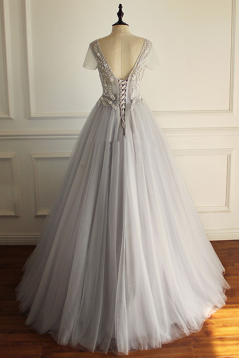 Gray v neck tulle lace applique long prom dress, gray evening dress