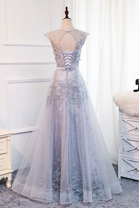 Gray round neck tulle lace applique long prom dress, gray evening dress