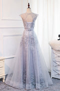 Gray round neck tulle lace applique long prom dress, gray evening dress
