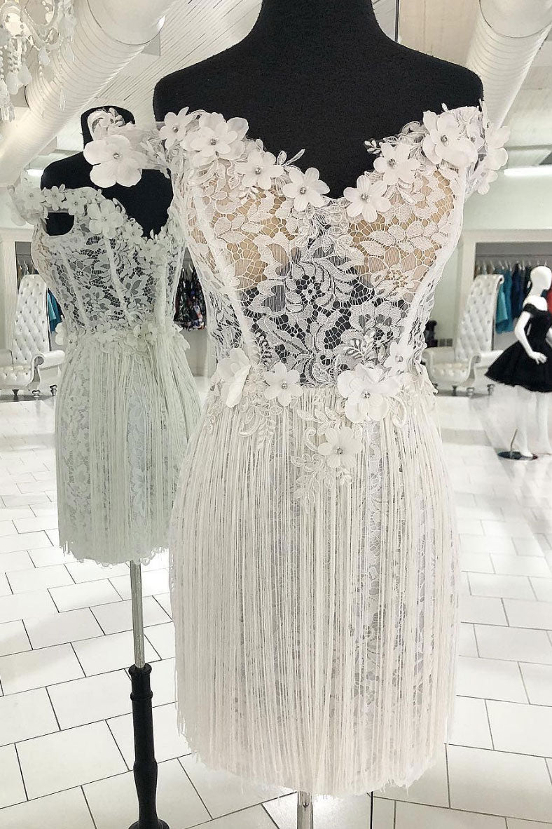 Cute sweetheart lace short prom dress, white lace evening dress