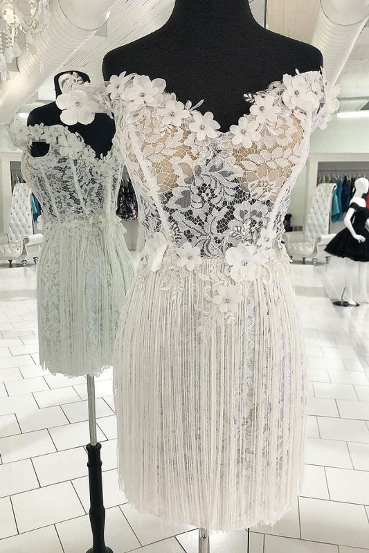 Cute sweetheart lace short prom dress, white lace evening dress