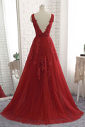 Burgundy v neck tulle lace long prom dress, burgundy evening dress