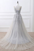 Gray v neck lace tulle long prom dress, gray tulle bridesmaid dress