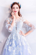Blue round neck tulle lace long prom dress, blue evening dress