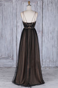 Black v neck lace tulle long prom dress, black bridesmaid dress