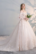 Light champagne tulle lace applique long prom dress, champagne wedding dress