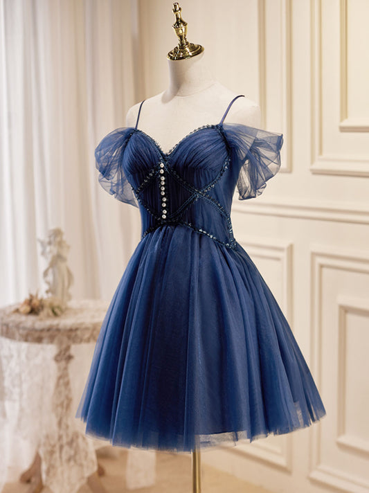Dark Blue V Neck Tulle Short Prom Dress, Blue Homecoming Dress