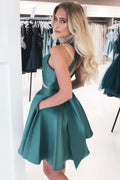 Simple green satin short prom dress green homecoming dress